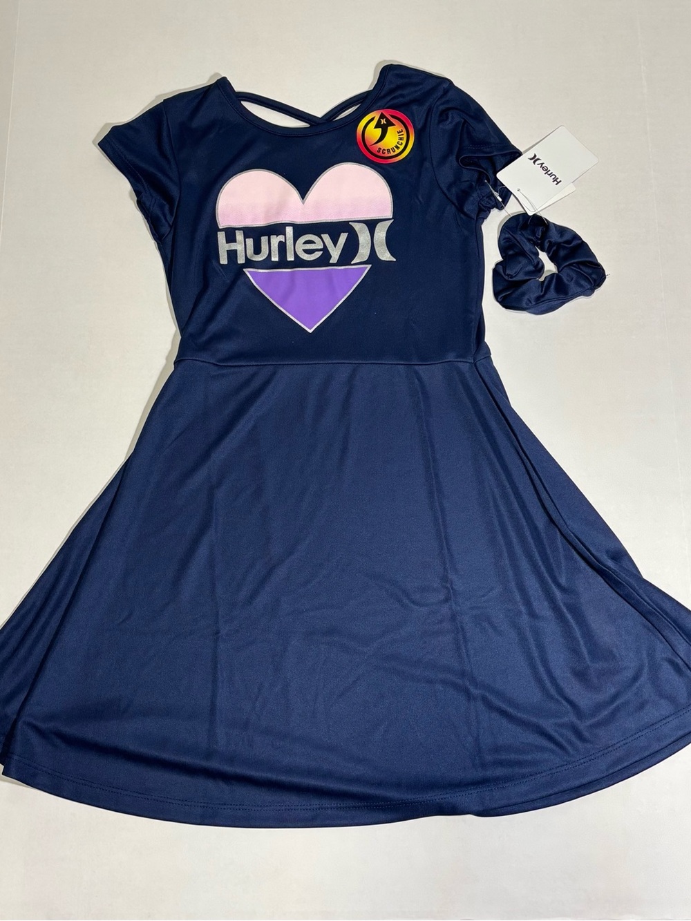 Hurley Navy Dress with Pink & Purple Heart Graphic and Matching Scrunchie